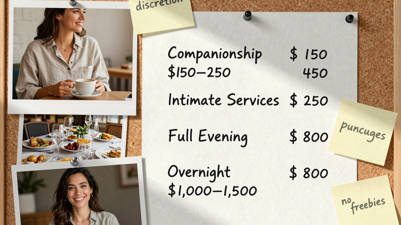 A handwritten pricing chart on corkboard with curated photos and notes about professionalism.