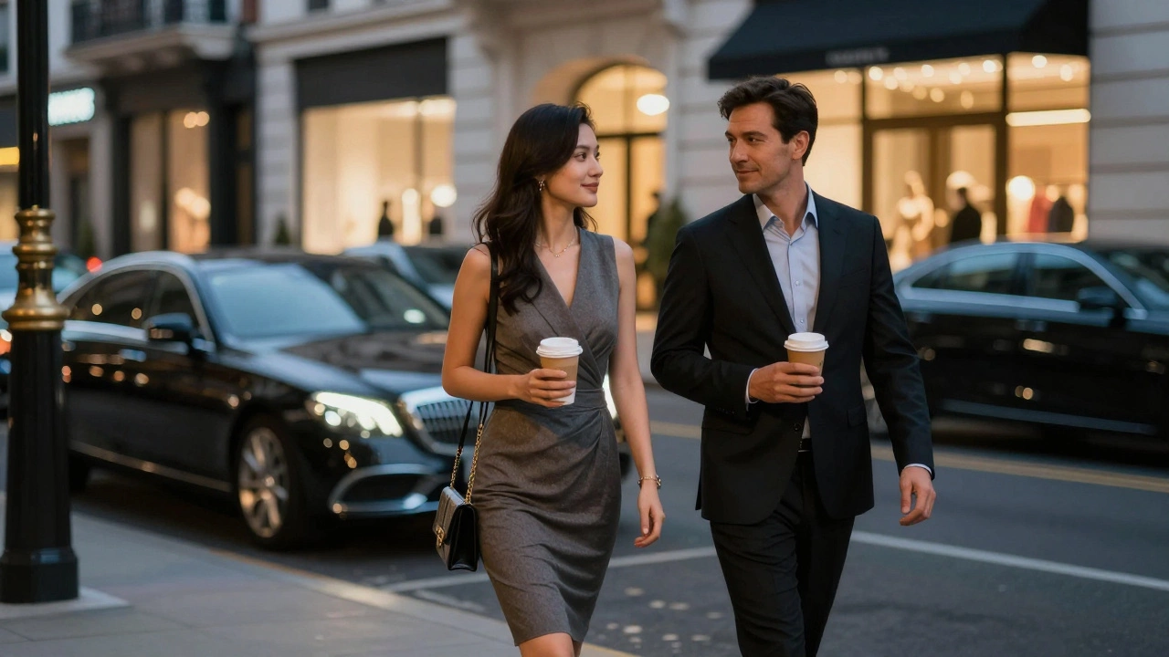 A woman and client walking together at dusk in an upscale city, exuding refined companionship.
