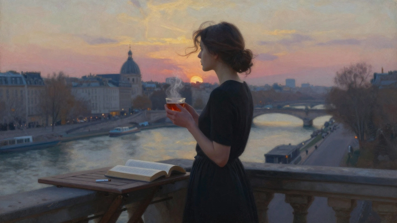 A woman stands on a Paris balcony at sunset, holding tea as the Seine glows behind her in quiet reflection.