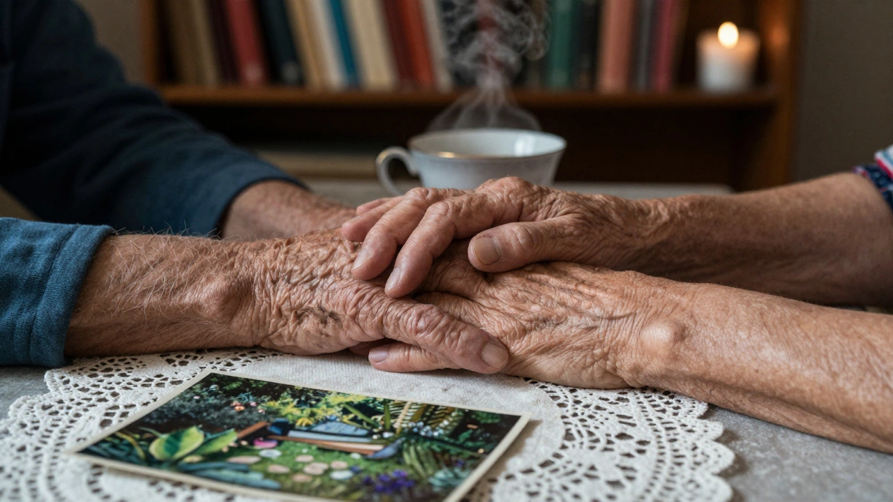 Elderly man&#039;s hand gently clasped with a woman&#039;s, resting on a table with a teacup and a faded garden photo.